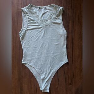 Lace-Trim Ribbed V-Neck Bodysuit - Light Blue